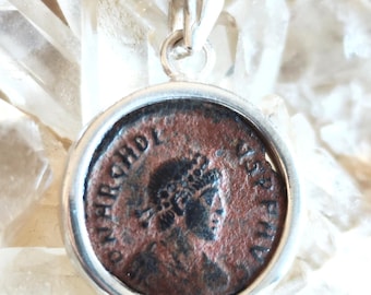 Silver Medallion Set with Antique Roman Emperor Arcadius Coin, Early Christian Era, Men Jewelry