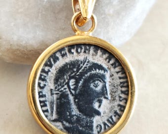 Certified Antique Roman Coin Necklace, Christian Emperor Constantine I Gold Plated Medallion