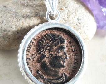 Emperor Constantine I Coin Pendant, Genuine Roman Christian Medallion, Sterling Silver
