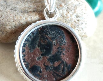 Antique Roman Coin Silver Necklace: Son of Constantine Medallion, Ancient Constans Constantius II Pendant