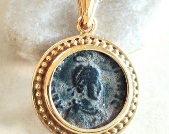 Ancient Roman Christian Coin Necklace: Empress Aelia Eudoxia Orthodox Medallion, Gold Plated