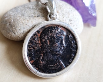 Ancient Roman coin silver necklace, real certified bronze coin, Emperor Constans antique pendant, men necklace, Antique vintage jewelry
