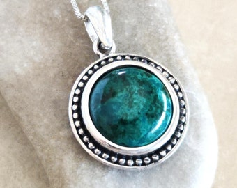 Eilat Stone Silver Pendant, Turquoise Green Cabochon Necklace, Israeli Jewelry