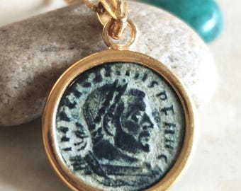 Ancient Roman Coin Necklace: Emperor Licinius 4th Century, Gold Plated Medallion Pendant