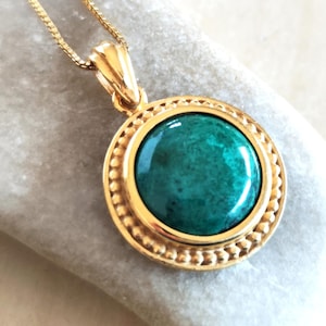 Collier plaqué or pierre d&#39;Eilat, pendentif turquoise vert, pierre des mines du roi Salomon, bijoux israéliens, pierre précieuse minérale chrysocolle malachite