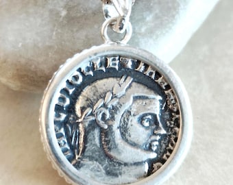Ancient Roman Coin Necklace for Men, Sterling Silver Replica Diocletian Jupiter Pendant Jewelry