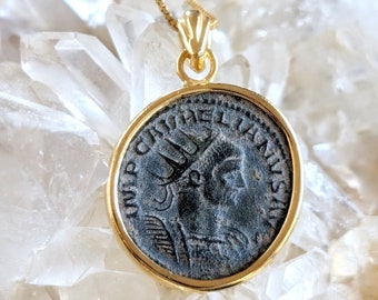 Antique Roman Aurelian Coin Pendant, Authentic Roman Coin Necklace, Real Ancient Coin Necklace, Gold Plated Vintage Pendant