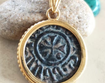 Medieval Crusader Cross Coin Necklace, Armenia Kingdom Christian Medallion, Gold Plated