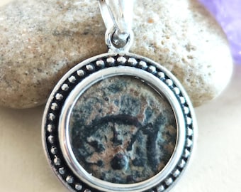 Antique Large Widow's Mite Coin Necklace: Sterling Silver Jesus Medallion, rare coin strike