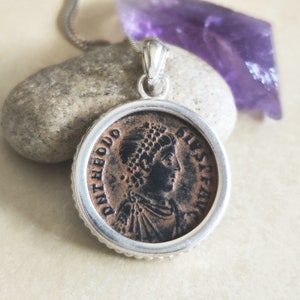 Roman Christian Emperor Theodosius Coin Silver Necklace, Ancient Coin Medallion Pendant, Holy Land History Jewelry