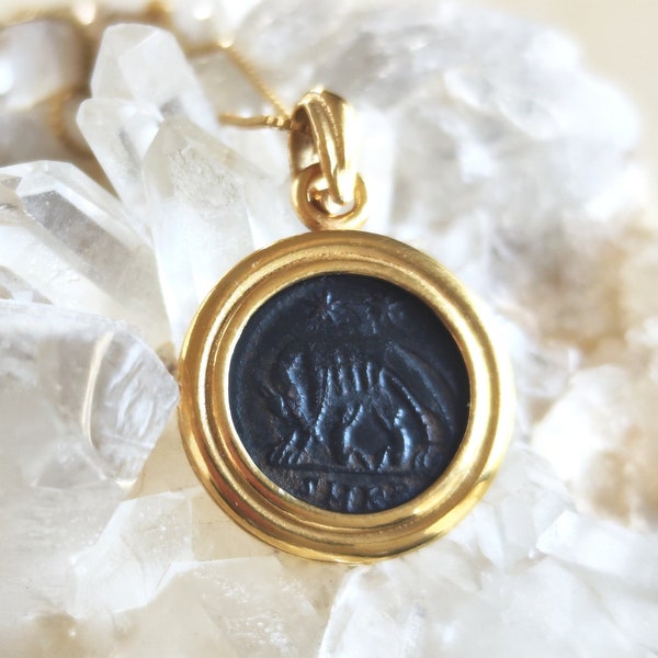 Ancient Coin Gold Plated Necklace, Roman medallion pendant, unisex coin jewelry, Romulus & Remus bronze coin, wolf jewelry, history Charm