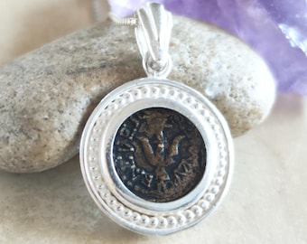 Widow&#39;s Mite Coin Replica Necklace, ancient coin silver pendant, Christian Biblical jewelry, Unisex Christmas gift Idea, Coin Charm