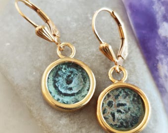 Ancient Biblical Coin Dangle Earrings: New Testament Widow's Mite set in 18K Gold Plated Sterling Silver