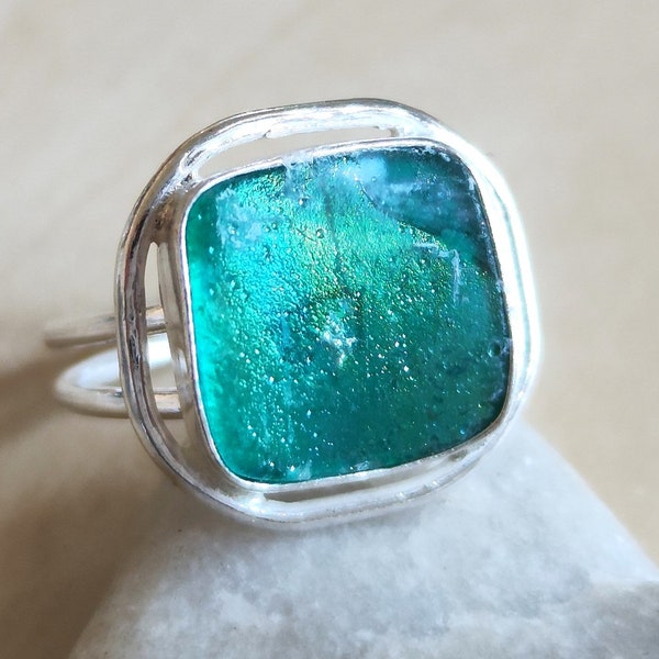 Antique Roman Glass Square Ring, Natural Roman Glass adjustable silver ring, Peacock patina Green Blue Glass ring,  statement solitaire ring