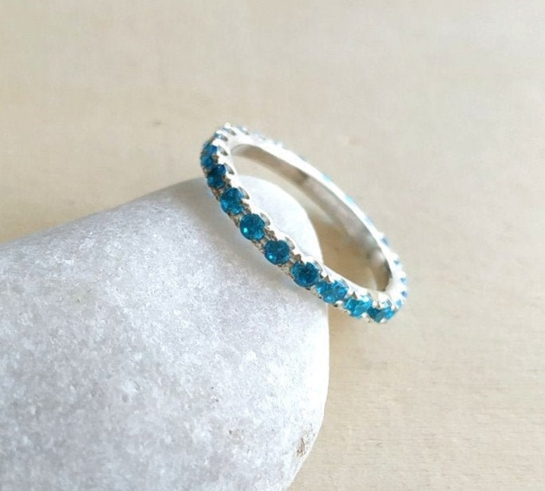 engagement band sky blue sterling silver Stacking Ring Blue Topaz FULL eternity band December Birthstone CZ eternity ring 2.2 mm band