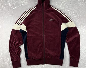 Chaqueta retro rara Adidas Velour Tack Top para hombre talla S-M burdeos