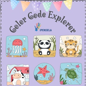 Könnte beinhalten: Eine bunte Illustration mit dem Titel "Color Code Explorer" und dem Logo "IPENSELA". Die Illustration zeigt neun verschiedene Tiere und Objekte, darunter eine Qualle, ein Panda, ein Tiger, eine Kuh, ein Seestern, eine Schildkröte, ein Tintenfisch, ein Narwal und ein Pinguin.