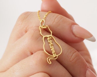 Personalized Sterling Silver Cat Silhouette Necklace - Custom Pet Name