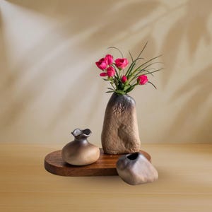 Wabi-Sabi Ceramic Mini Vases Set – Japanese Rustic Bud Vase Trio for Home & Shelf Decor