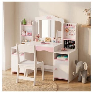 Handmade 2 in 1 Kids Vanity Set, Girl Makeup Table with Mirror Stool and Jewelry Storage Wooden Princess Dressing Table