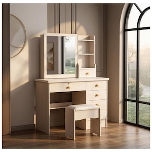 May include: A light-colored wooden vanity set with a rectangular mirror, drawers, and a small stool. The vanity has a built-in shelf and a drawer with a gold-colored knob. The stool has a cushioned seat.
