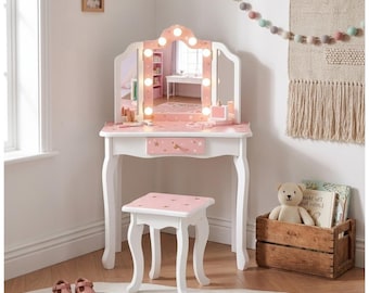 Handmade Wooden Kids Vanity Set with Chair, Princess Makeup Vanity with Mirror 3 Color LED Lights and Storage Drawer