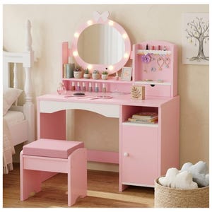 Handmade Kids Vanity Table and Chair Set with Mirror Lights, Princess Girls Makeup Vanity with Jewelry Storage and Cushioned Stool