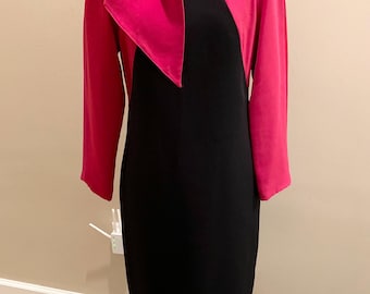 Vintage Shomi Black, Hot Pink and Red Color Block Long Sleeve Sheath Dress (size 6)