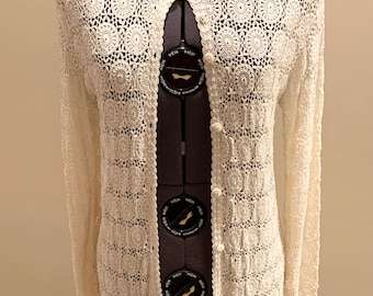 Vintage Hand Crocheted Cream Colored Cardigan Sweater, Medium
