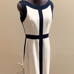 pale cream shift dress with navy belt Navy and Cream Dress