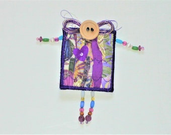 Scrap Art Doll Pin Purple Beaded