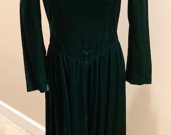 Vintage Lanz Dark Green Velvet Mid-Calf Long Sleeve Dress, Size 8