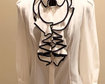 Vintage Chelsea & Theodore Cream Blouse with Black Piping (size 6)