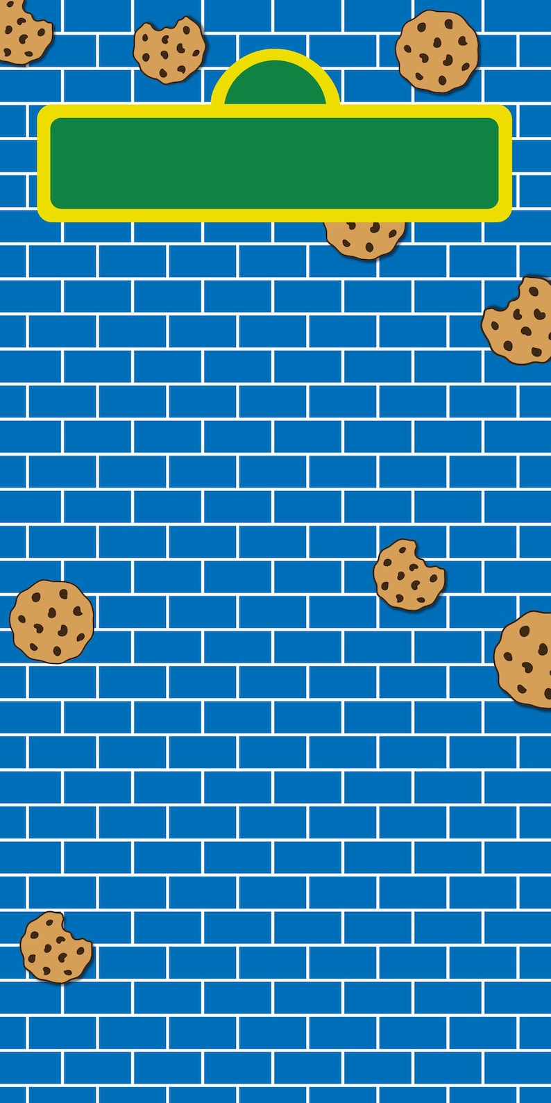 Puede incluir: Una pared de ladrillo azul con un letrero amarillo que dice "Sesame Street" y galletas de chocolate con chispas marrones que caen desde arriba.