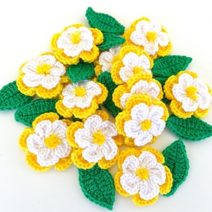 Crochet Flower & Leaf Set of 12 Little Flowers 12 leaves Flower Applique, Scrapbooking, Trim, Embellishment, Motif and Patches Set image 1