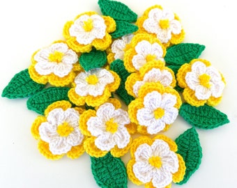 Crochet Flower & Leaf Set of 12 Little Flowers + 12 leaves -- Flower Applique, Scrapbooking, Trim, Embellishment, Motif and Patches Set