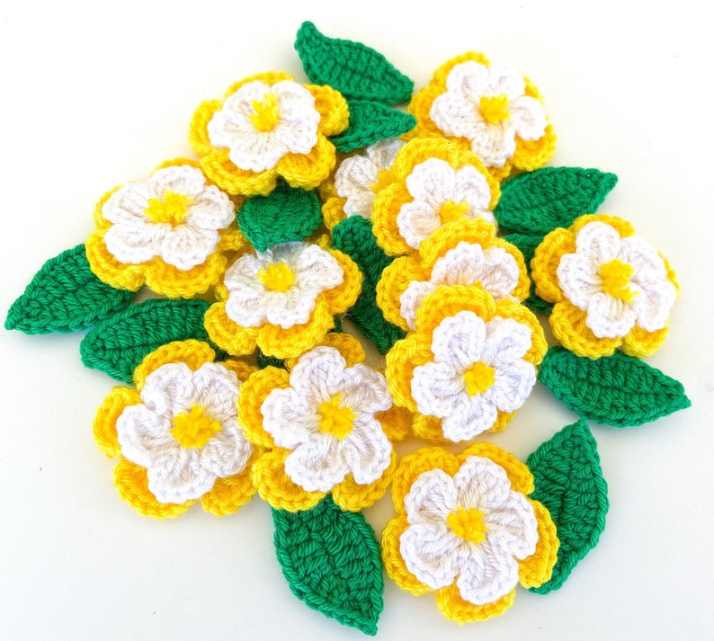 Crochet Flower & Leaf Set of 12 Little Flowers 12 leaves Flower Applique, Scrapbooking, Trim, Embellishment, Motif and Patches Set image 1