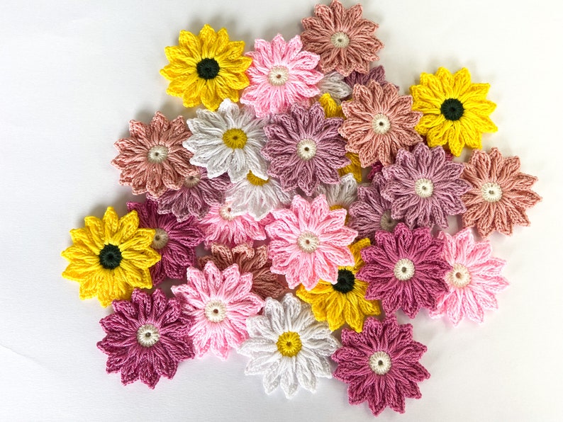 Crochet Daisy Flower Set Crochet Flower Applique, Scrapbooking Flowers flower Embellishment, Crochet Applique Flowers image 7