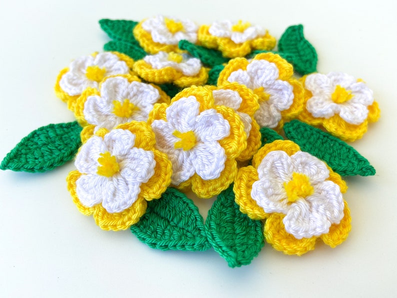 Crochet Flower & Leaf Set of 12 Little Flowers 12 leaves Flower Applique, Scrapbooking, Trim, Embellishment, Motif and Patches Set image 2