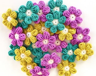 Crochet Flower Applique set of 24  - Flower Applique, Scrapbooking, Trim, Embellishment, Motif and Patches Set