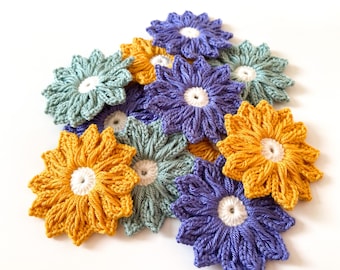 Daisy Crochet Flower Set von 12 - Häkelblume Applikation, Scrapbooking, Spitzen, Verzierung, Häkelapplikation Blumen; Motiv & Aufnäher