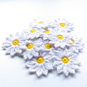 Set di 12 fiori all'uncinetto con margherite - Applique di fiori all'uncinetto, scrapbooking, rifiniture, pizzi, abbellimenti, fiori all'uncinetto; motivo e toppe