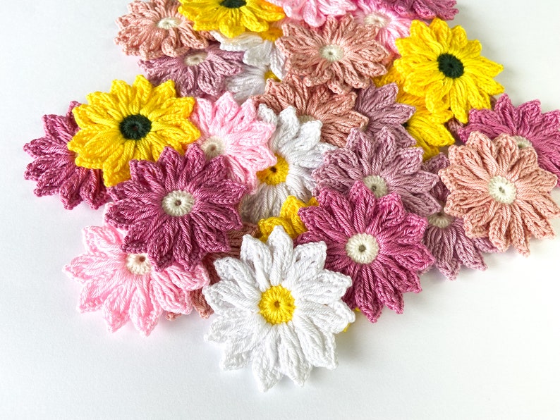 Crochet Daisy Flower Set Crochet Flower Applique, Scrapbooking Flowers flower Embellishment, Crochet Applique Flowers image 5