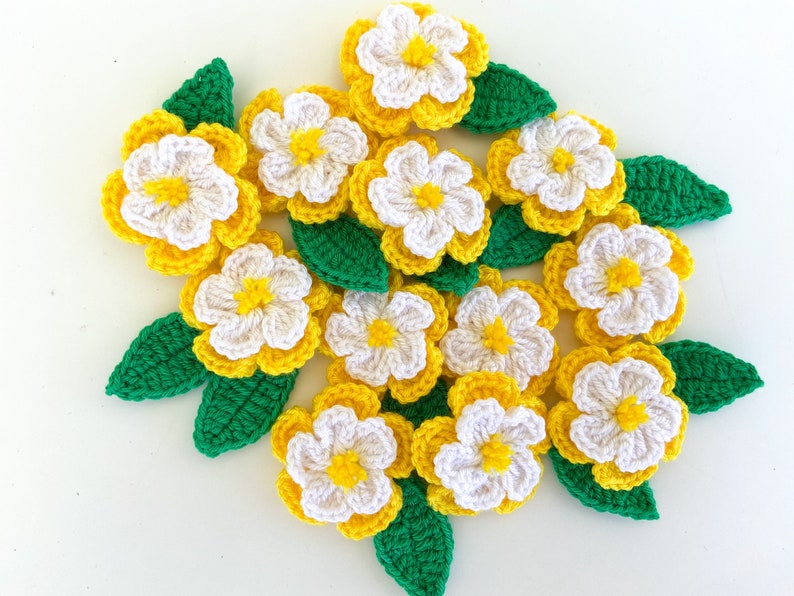 Crochet Flower & Leaf Set of 12 Little Flowers 12 leaves Flower Applique, Scrapbooking, Trim, Embellishment, Motif and Patches Set image 6