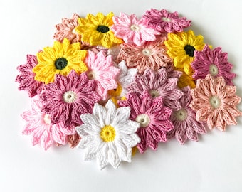 Gehäkelte Gänseblümchen Blume Set - gehäkelte Blume Applikation, Scrapbooking Blumen; Blume Verschönerung, gehäkelte Applikation Blumen