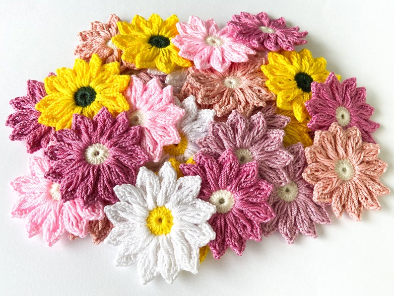 Crochet Daisy Flower Set Crochet Flower Applique, Scrapbooking Flowers flower Embellishment, Crochet Applique Flowers image 4