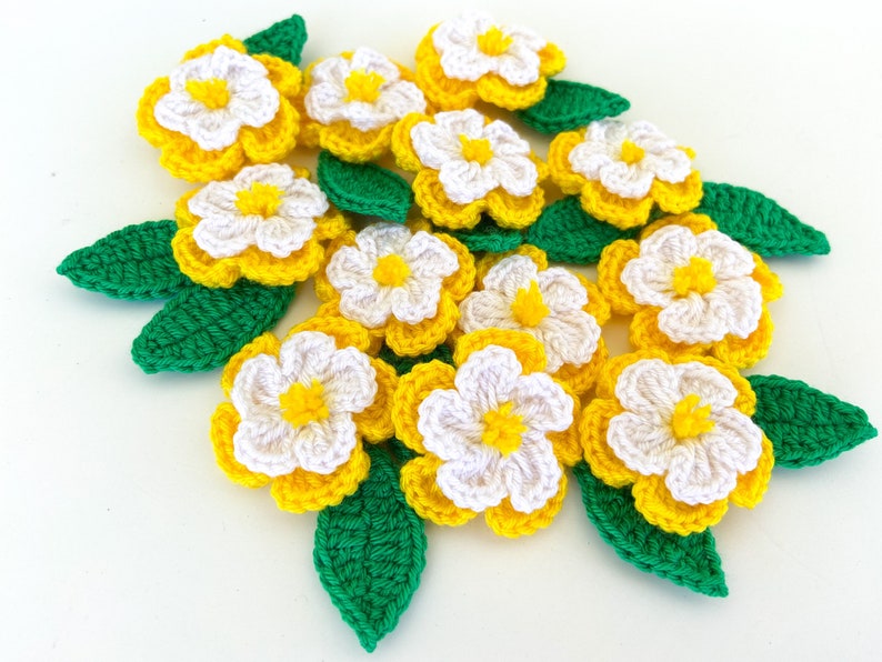 Crochet Flower & Leaf Set of 12 Little Flowers 12 leaves Flower Applique, Scrapbooking, Trim, Embellishment, Motif and Patches Set image 5