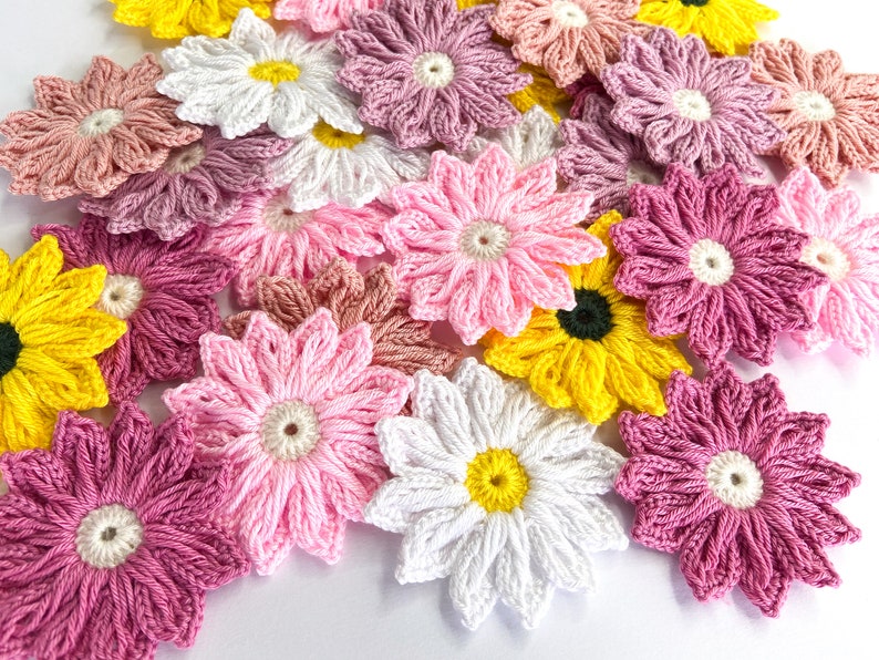 Crochet Daisy Flower Set Crochet Flower Applique, Scrapbooking Flowers flower Embellishment, Crochet Applique Flowers image 2