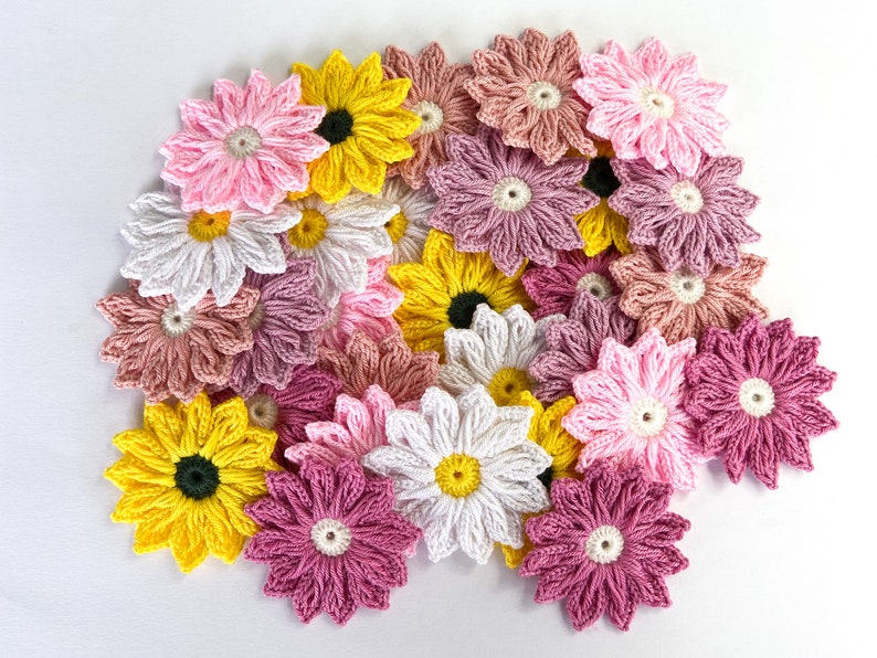 Crochet Daisy Flower Set Crochet Flower Applique, Scrapbooking Flowers flower Embellishment, Crochet Applique Flowers image 6