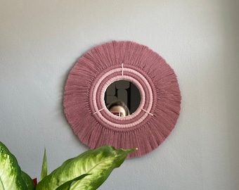 Handmade Macrame Mirror, Boho Mirror, Bohemien Wall Decor, Pink Macrame Mirror, Woven Wall Hanging
